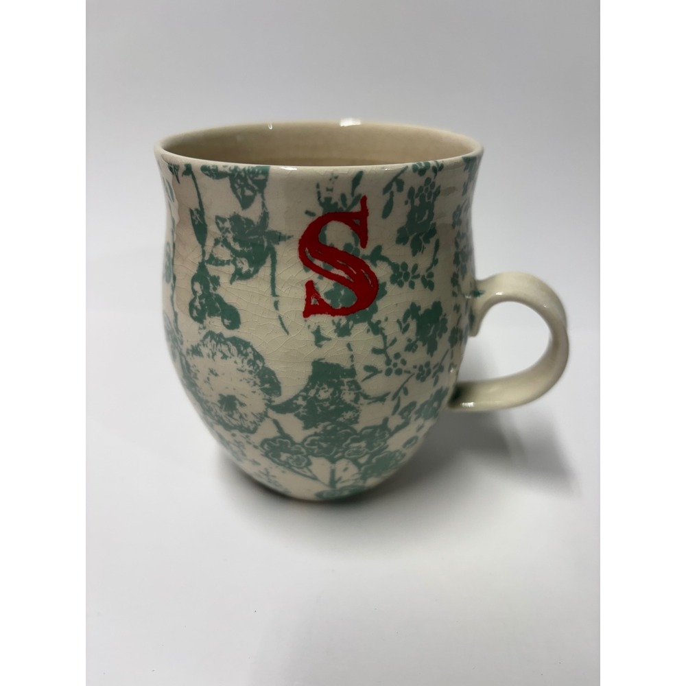 Anthropologie Monogram S Mug Green Floral Toile Crackle Glaze Red Letter Cup